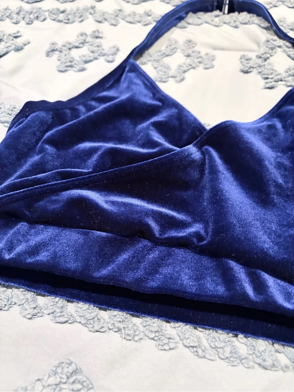 Weissman Royal Blue Velvet Halter Crossover Crop Top Adult Large Dan